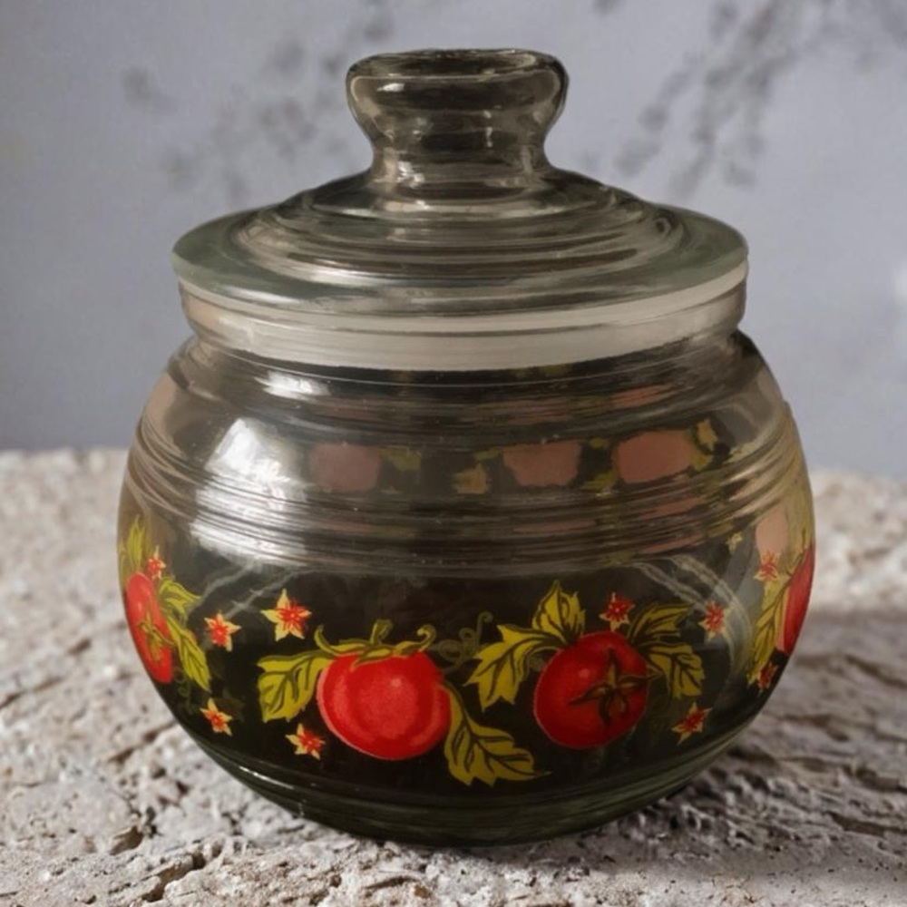 Vintage Indonesia KIG Glass Canister Apothecary Jar Tomato Fruits Floral Patern